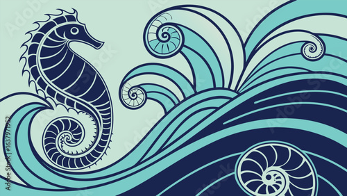 Stylized seahorse and wave illustration with spiral details in shades of blue and green, creating a vintage nautical design