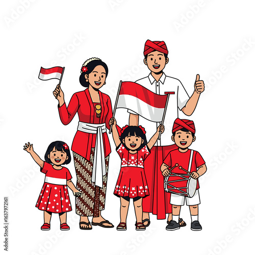 A joyful man leaps while holding and waving the Indonesian flag high in the air.