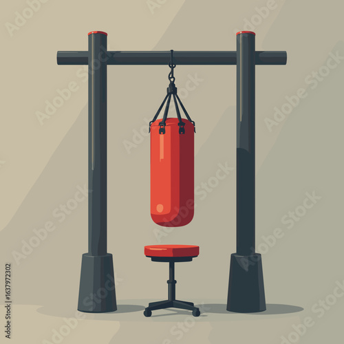 Punching bag hanging above stool in a minimalist gym setup  