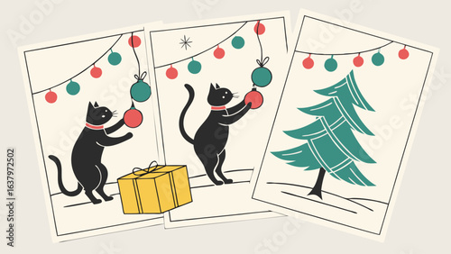 Festive Holiday Cards Featuring Cats Christmas Tree and Gift.
