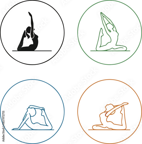 Set of four circular icons with a woman performing the yoga pigeon pose, shown in silhouette and colored line art styles.
