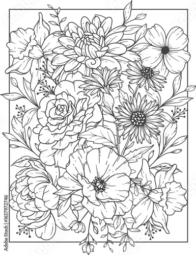 Flower Coloring Page for adults. Adult coloring page with flowers. Floral Coloring book page design. Flower Pattern for coloring. Outline Flowers Background. Black and Whit Flowers. Floral Background
