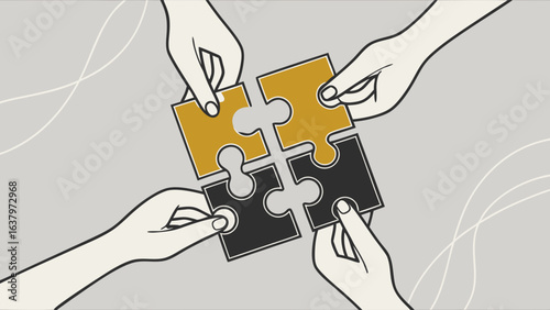 Four Hands Joining Jigsaw Pieces for Teamwork.