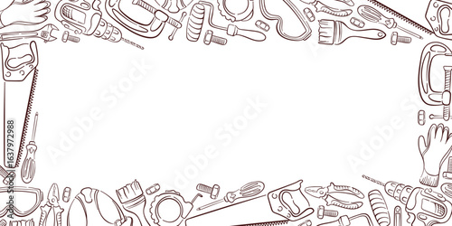 Border of repair tool in line art style on white background. Perfect for banner website, invitation, repair service wallpaper or workshop theme.