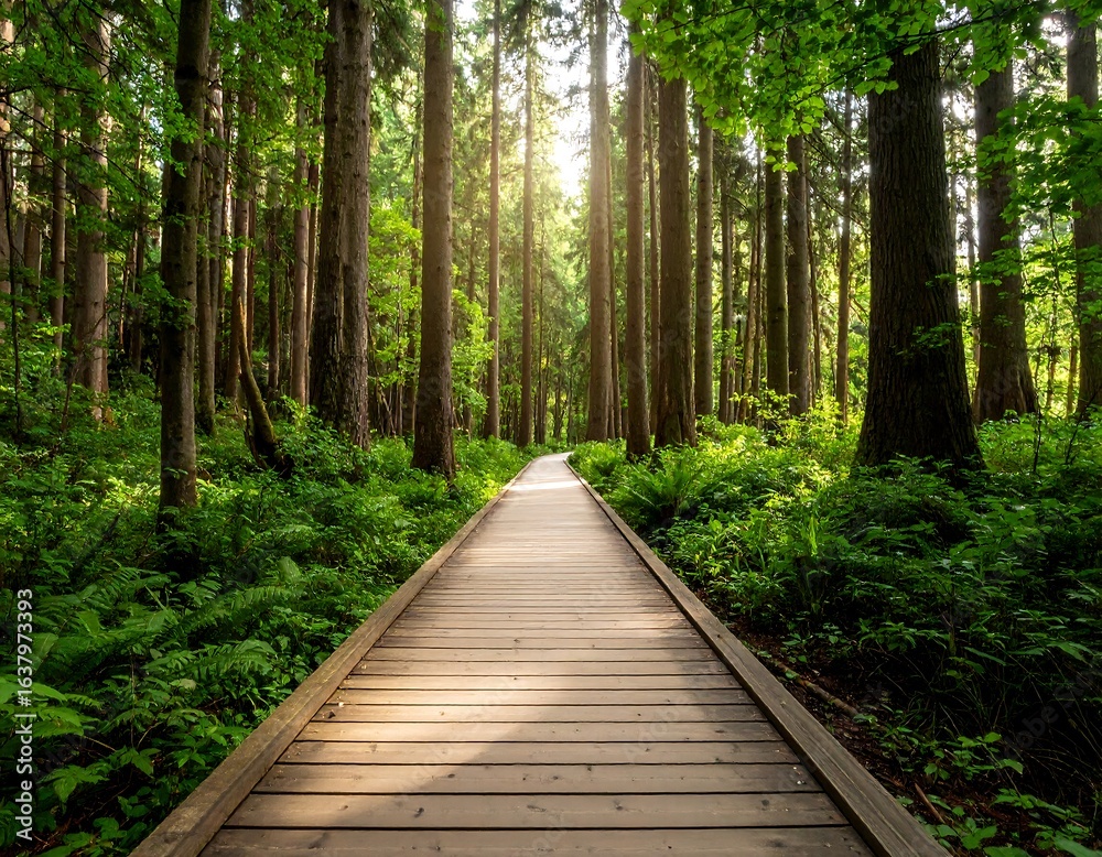 Obraz premium Sunlit boardwalk path through lush, green forest