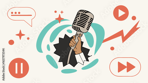 Hand Holding Retro Microphone Podcast Illustration.