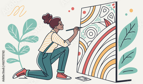 Woman artist at canvas. Creative personality and art. Young girl trained, skills development. Character draws abstract patterns and shapes in different colors. Cartoon flat vector illustration   