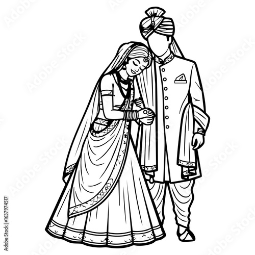 Minimal Hindu Wedding Bride Resting Head Shoulder Vector Illustration