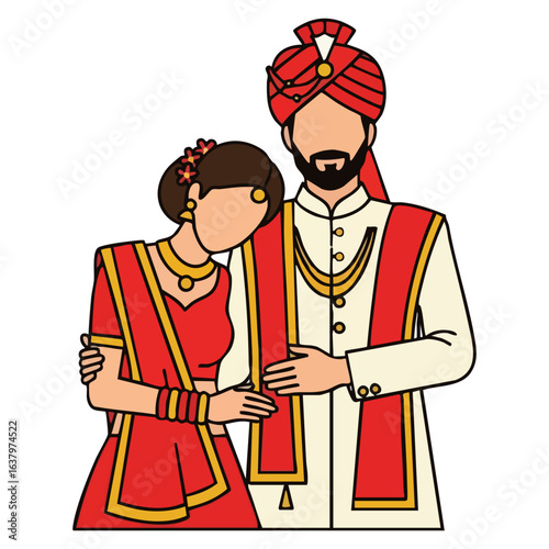 Minimal Hindu Wedding Bride Resting Head Shoulder Vector Illustration