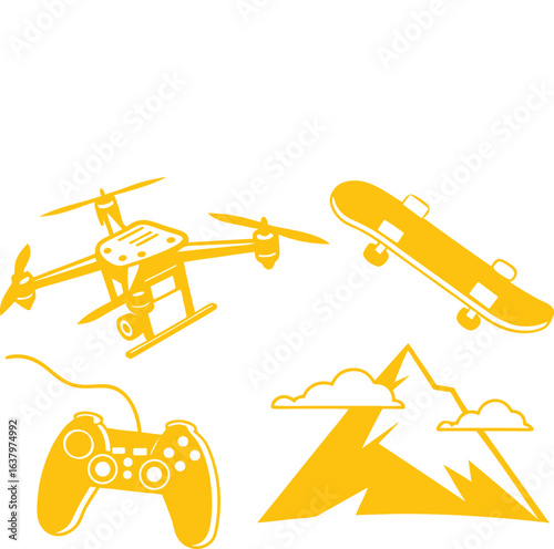 Yellow drone skateboard controller mountain cloud icons gaming mountains