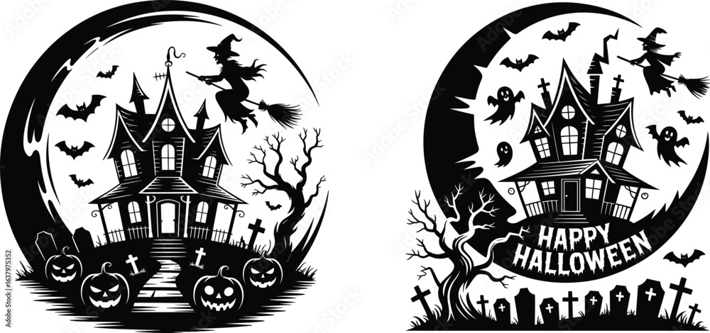 Fototapeta premium Set of Halloween t-shirt designs with haunted house, witch, spooky ghosts, full moon, pumpkins, bats, scary tree with night vibe and Halloween elements vector illustration on black background.