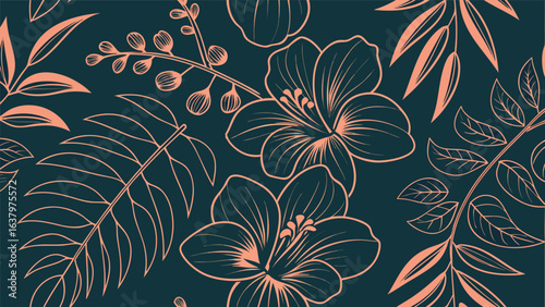 Seamless floral pattern with hibiscus flowers and tropical leaves, a vibrant design for textile, fabric, wallpaper, and decorative backgrounds