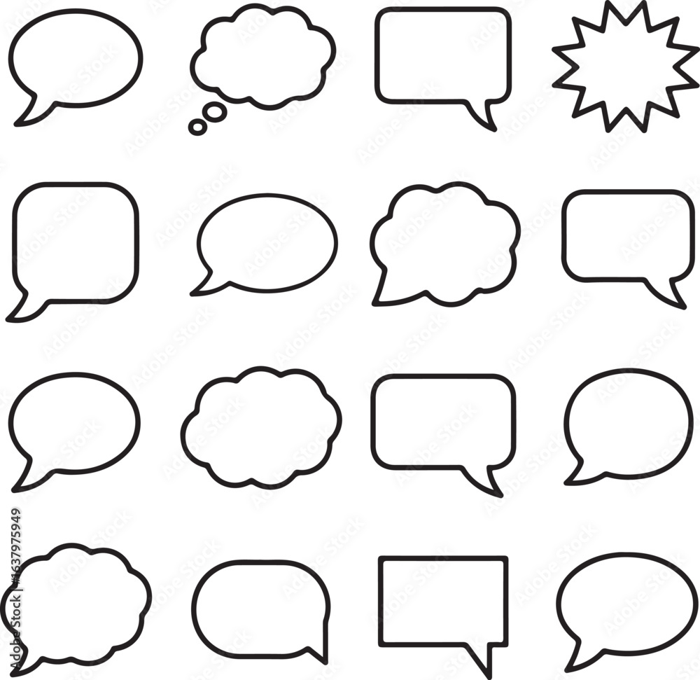 Collection of sixteen diverse black and white speech and thought bubble outlines speech bubble comic Collection of sixteen diverse black and white speech and thought bubble outlines speech bubble comic