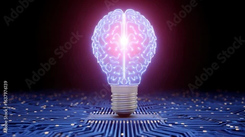 Illuminating Ideas: A radiant, futuristic concept featuring a lightbulb transformed into a glowing brain, sitting upon a circuit board, showcasing innovation and ingenuity. 