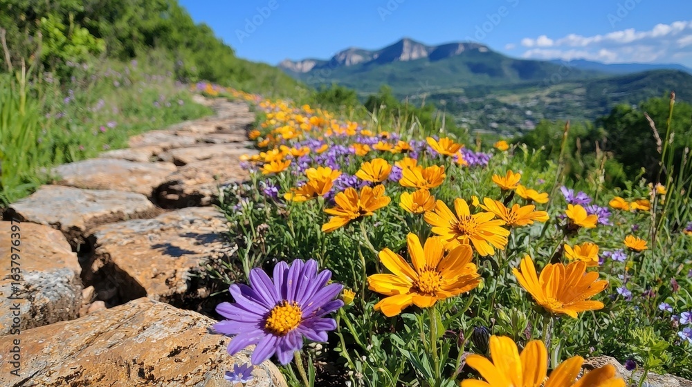 Fototapeta premium Colorful Wildflowers Line a Stone Path Leading to Distant Mountains Under a Blue Sky