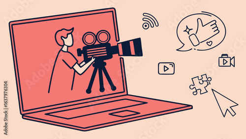 Online Video Production Concept with Laptop Camera and Social Media Icons.