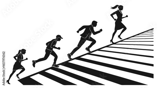 Four Silhouettes Running Upward on a Crosswalk.