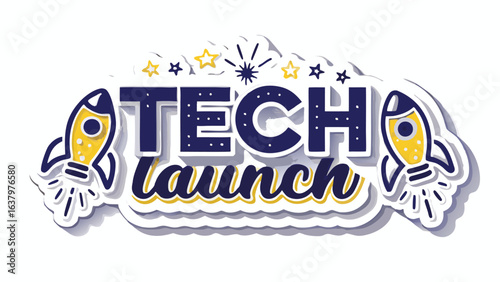 Tech launch graphic featuring stylized rockets stars and celebratory burst design on a white background