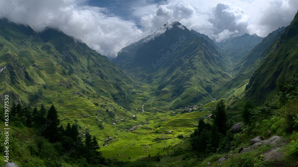 Lush valley nestled amongst towering mountains. Lush valley nestled amongst towering mountains.