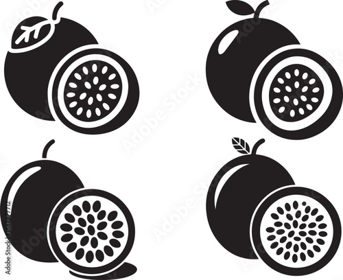 Four black and white icons of passion fruit whole and sliced tropical food