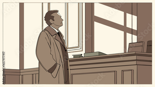 Pensive Man in a Trench Coat at a Counter.
