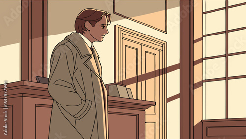 Pensive Man in Beige Trench Coat in Interior Setting.