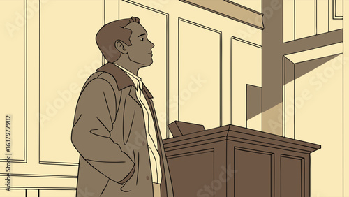 Pensive Man in Coat Standing Near Wooden Lectern.