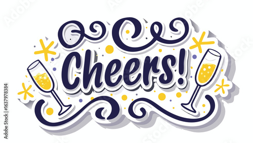 Illustration of two champagne glasses with the word cheers surrounded by decorative elements