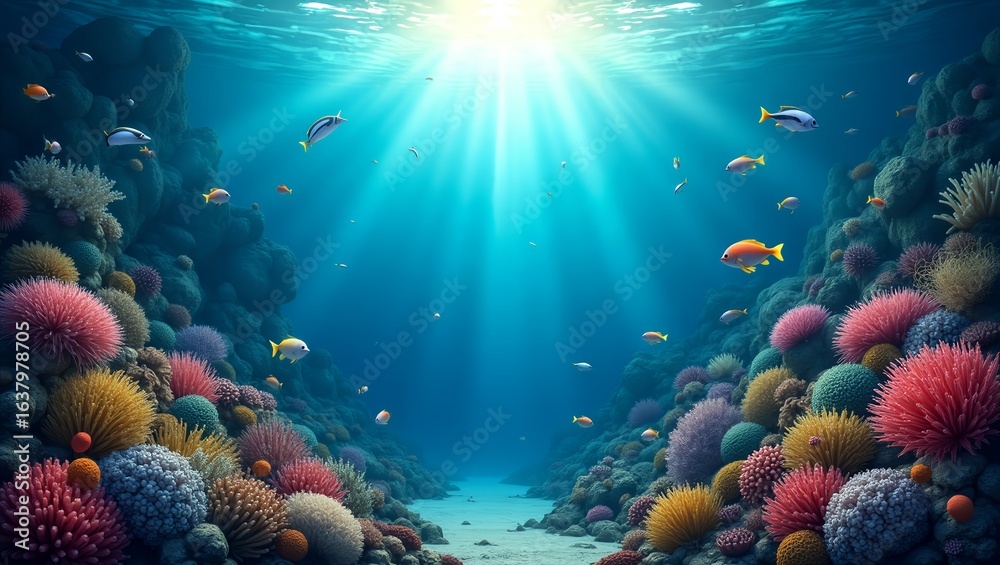 Naklejka premium Vibrant coral reef with colorful fish illuminated by sunlight 