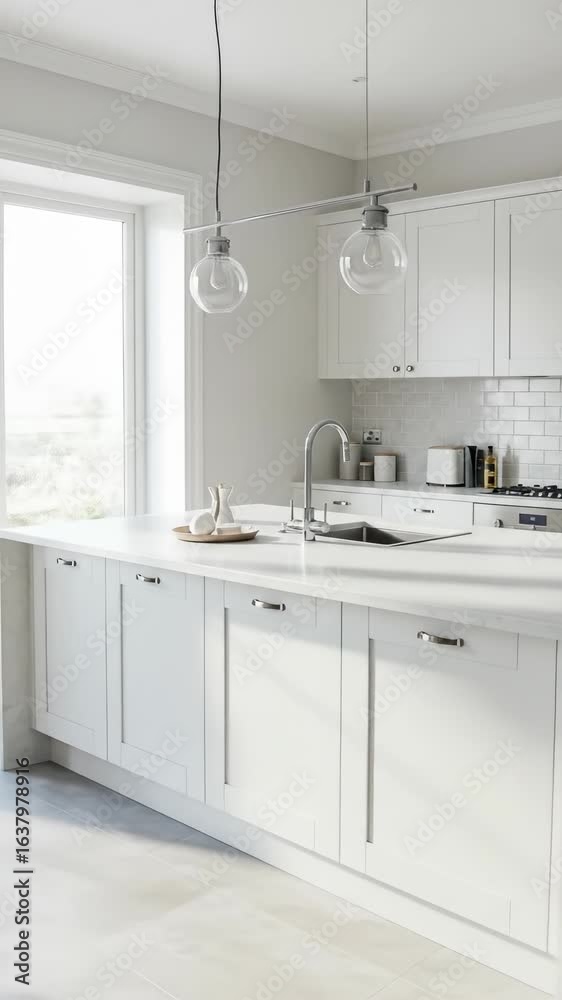 Bright Kitchen Island with Quartz Countertop, Marble Accents, and Modern Pendant Lighting Enhances Clean, Elegant White Cabinetry in a Spacious Interior. Bright Kitchen Island with Quartz Countertop, Marble Accents, and Modern Pendant Lighting Enhances Clean, Elegant White Cabinetry in a Spacious Interior.
