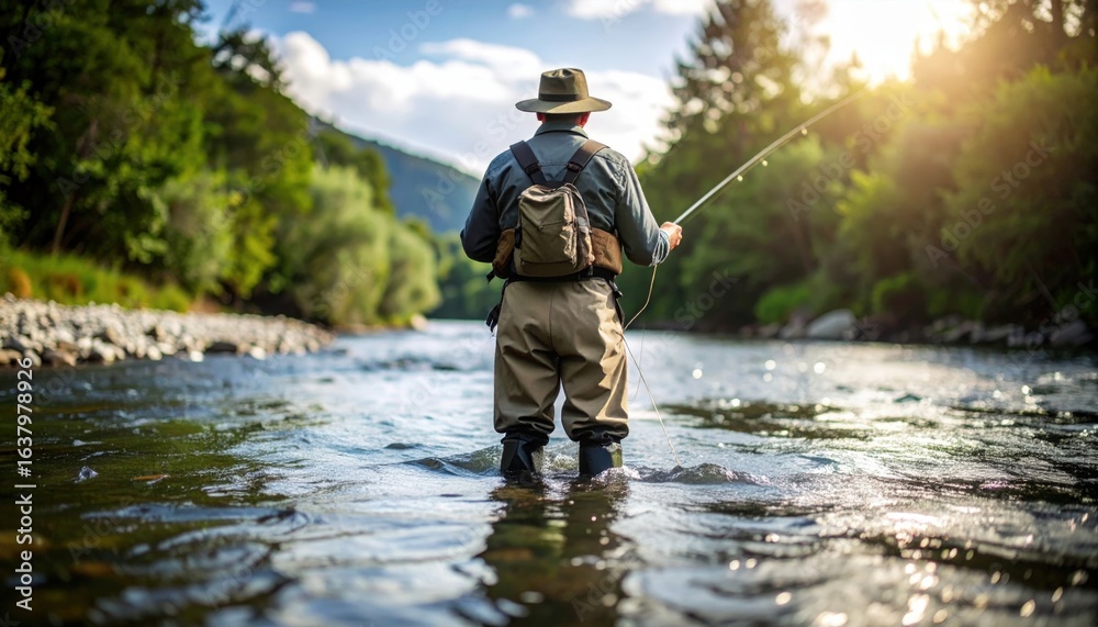 Man Fishing In River Surrounded By Trees Man Fishing In River Surrounded By Trees