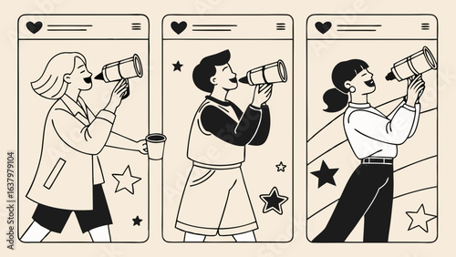 Three People Announcing News via Megaphone on Social Media.