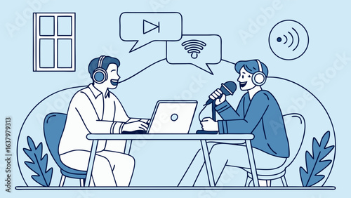 Two Podcasters Recording a Show with Laptop and Microphone.