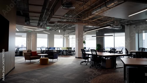 Modern office space with rows of desks