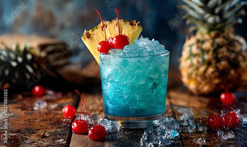 Wallpaper Mural Tropical Blue Cocktail with Pineapple and Cherries on Crushed Ice Torontodigital.ca