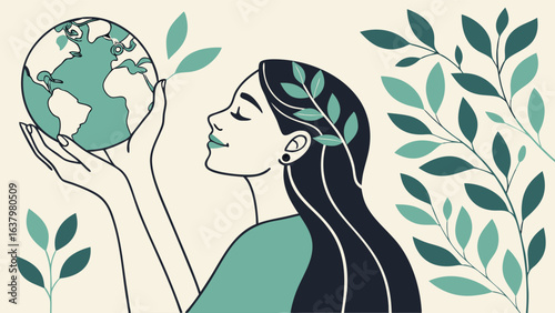 Woman Holding Earth Globe with Leaves Representing Environmental Awareness.