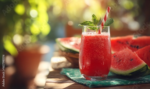 Wallpaper Mural Watermelon Lime Juice with Mint on a Sunlit Rustic Table Torontodigital.ca