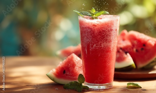 Wallpaper Mural Watermelon Lime Juice with Mint on a Sunlit Rustic Table Torontodigital.ca