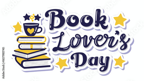 Illustration of a book lovers day theme with books stars and a coffee cup with a heart design