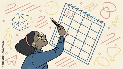 Woman with pencil marking a calendar surrounded by doodle elements.