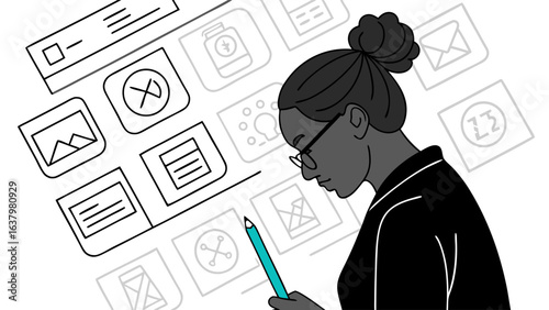 Woman with Stylus Surrounded by App Icons in Line Art Style.