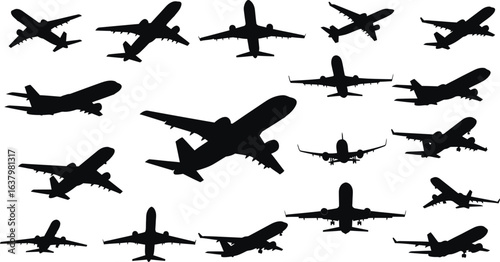Collection of diverse airplane silhouettes in flight