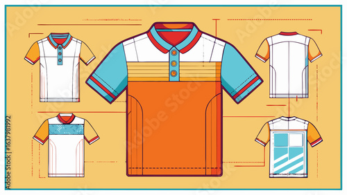 Very beautiful Regular fit t-shirt flat technical drawing illustration short sleeve with binding collar blank streetwear mock-up template for design and tech packs men or unisex. white background