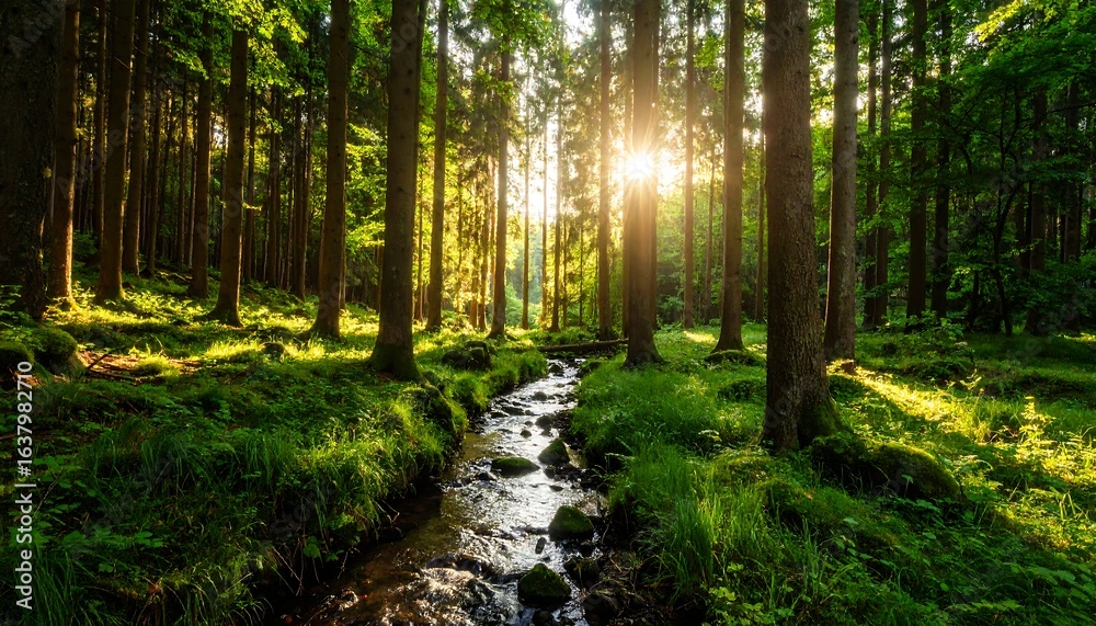Obraz premium Sunlit forest stream, lush greenery, tall trees