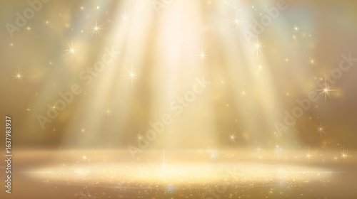 Elegant cream stage background with golden light beams, sparkling star effects, soft glow, and shimmering glitter design, perfect for luxury celebration, award ceremony, and festive event concepts
