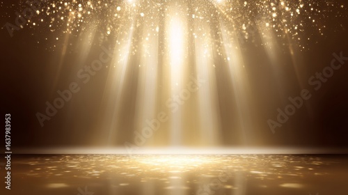 Elegant cream stage background with golden light beams, sparkling star effects, soft glow, and shimmering glitter design, perfect for luxury celebration, award ceremony, and festive event concepts © suyu
