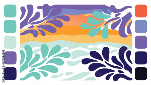 Abstract floral design with pastel color palette and color swatches on the left and right side