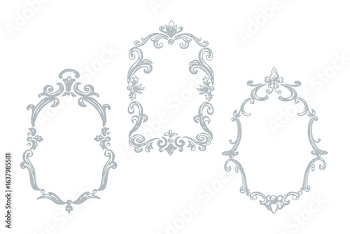 Frame border for wedding. Round and oval frames crest in classic vintage style for invitations, decor, menu, monogram, paper. Set with elegant background for design. Hand drawn vector illustration