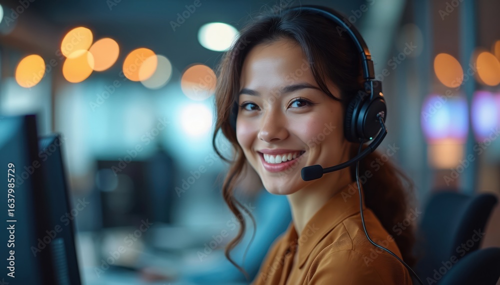 Smiling woman in headset provides multilingual support services in modern office. Pro, friendly assistance, technology, teamwork, vibrant colors, soft lighting. Smiling woman in headset provides multilingual support services in modern office. Pro, friendly assistance, technology, teamwork, vibrant colors, soft lighting.