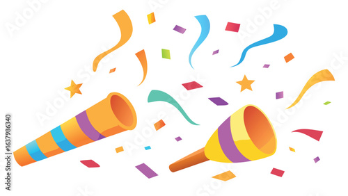 Illustration of party blowers with colorful confetti and streamers on a white background scene